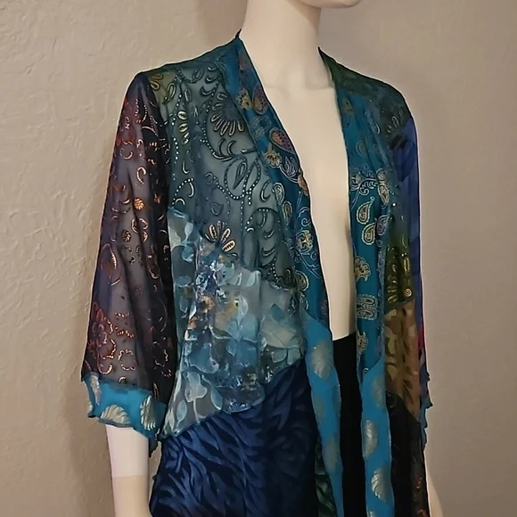 STERLING STYLES 1990s Mixed Print Metallic Patchwork Assymetric Kimono - Picture 4 of 11